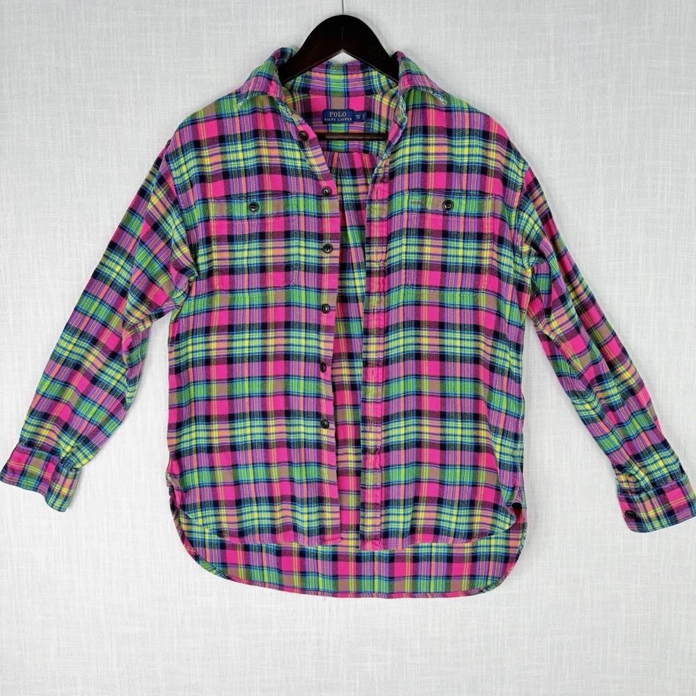 Polo Ralph Lauren Lime Green Pink Bright Plaid Striped Soft Flannel Shirt Sz XS